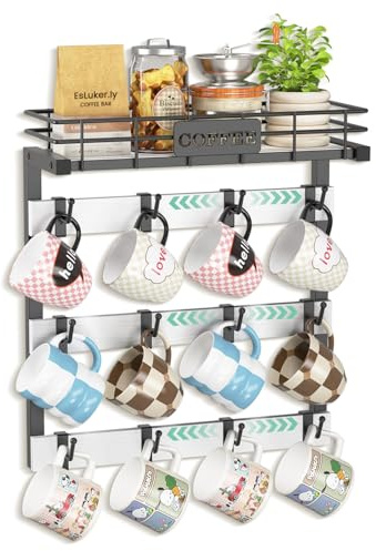 EsLuker.ly Coffee Mug Holder Wall Mounted Display Rack, Metal Cup Hanger Organizer with 12 Movable Plastic Hooks, Wood Rustic Shelf for Coffee Bar Home Kitchen, Black+White