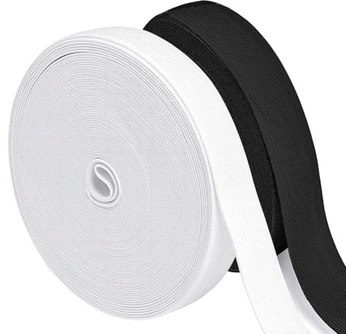 Ezranova Cinta elástica de costura, banda ancha elástica para coser, banda de goma elástica para pantalones y negro blanco 2 rollos