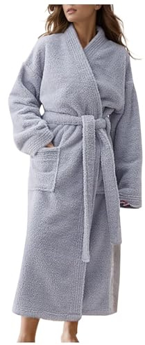 Celanisai Accappatoio da donna morbido e caldo, in pile Teddy, lungo, morbido, morbido, vestaglia confortevole, delicato sulla pelle, morbido, biancheria da notte, inverno, autunno, lounge, O grigio