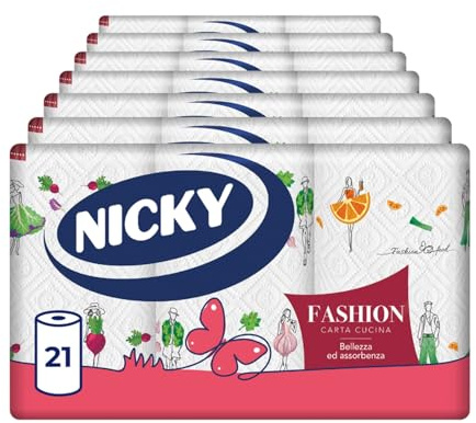 Nicky Fashion - 21 Rotoli di Carta Cucina, 50 Soffici Fogli a 3 Veli, 3 Diverse Fantasie per un Mix&Match in Diversi Colori, Massima Bellezza ed Assorbenza, Carta 100% Certificata FSC