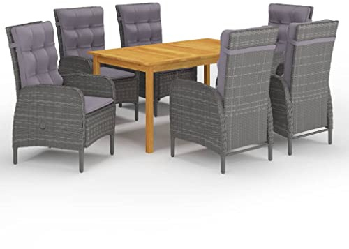 JHQHSM 7-TLG. Gruppo da giardino grigio in legno di acacia e rattan PE con tavolo da pranzo e sedie con cuscini. Questo set da pranzo da giardino da 7 pezzi in grigio offre un convincente