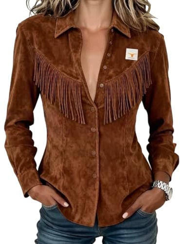 Women's Western Cowgirl Suede Shirts Vintage Long Sleeve Button Down Slim Fit Fringe Shirts Elegant Plain V Neck Tops (UK, Alpha, L, Regular, Regular, Brown)