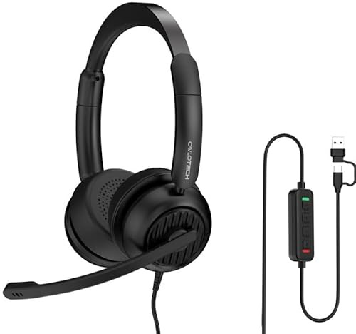 Owlotech DeskBuds Pro Auriculares Diadema con Micrófono, Cancelación de Ruido 40dB, USB-A y USB-C, Plug & Play, Negros