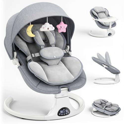 Respaldo Ajustable Hamaca para Bebé, Eléctrica Silla Mecedora de Bebé con Cojín Desmontable y Mesa Auxiliar Desmontable, Control Remoto Hamaca Bebe 5Velocidades de Columpio y 12 Melodias (Gris)