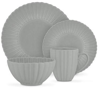 Swan 16 Piece Scallop Edge Stoneware Dinner Set, 4 x Dinner Plates, Side Plates, Bowls, Mugs, Durable, Microwave and Dishwasher Safe, Grey, SWKA1460GRY