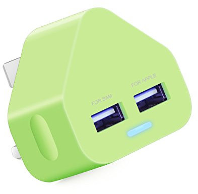 Dual 2AMP/2000mAh Fast Speed Universal USB Mains Charger with Smart IC UK Plug For iPhone/iPad/iPod/Samsung Galaxy Tab/HTC/Windows Phone/Tablet & USB Socket Devices - Green