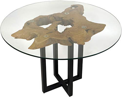 GURU SHOP Tisch, Esstisch, Kaffeetisch, Beistelltisch, Couchtisch mit Baumscheibe, Runder Glasplatte - Modell 6, 70x98x98 cm
