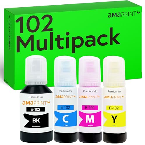 Amaprint Tinte kompatibel mit Epson 102 für EcoTank ET-4850 ET-2850 ET-2856 ET-3850 ET-4856 ET-15000 (1x127ml, 3x70ml Tintenflaschen)