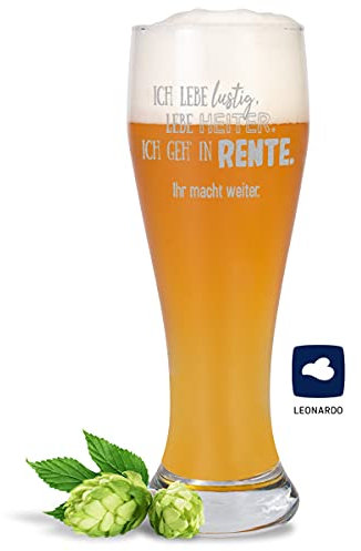 JUNIWORDS Weizenbierglas mit Gravur, Ich lebe lustig, lebe heiter. Ich geh’ in Rente. Ihr macht weiter, Bierglas