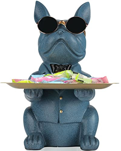 Blau Französische Bulldogge Deko Skulpturen, Schlüsselbrett mit Ablage, lustiges Sparschwein mit Schlüsselschale, Dekoschale und Deko Tablett für Wohnzimmer, Flur, Büro, Deko Wohnzimmer Modern