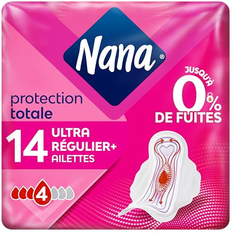 Nana Ultra Régulier Plus - 14 Serviettes Hygiéniques avec Ailettes | Flux Modérés - Jusqu'à 0% de Fuites - 3 Zones Ultra Absorbantes Serviettes - Design Adaptatif COURB-V