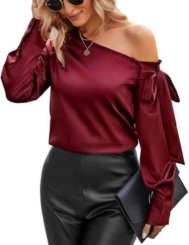 VIDUSSA Women's Off Shoulder Tops Satin Silk Shirts Casual Dressy Blouse Long Sleeve Office Work Tunics Wine Red XXL