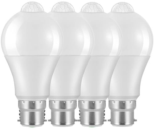 Weskjer Lampadine LED con sensore di movimento B22 - Confezione da 4 lampadine LED B22 a baionetta 12 W 1020 LM, bianco freddo, CIR>85, lampadine a risparmio energetico, non dimmerabili
