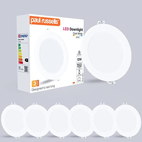 paul russells LED Ceiling Downlights, 12W Slim Recessed Bathroom Downlights, Kitchen Ceilings, 1150 Lumens, 4000K Cool/Natural White, Cutout 120-130mm, Round Non-Dimmable Panel Spotlights, 6 Pack