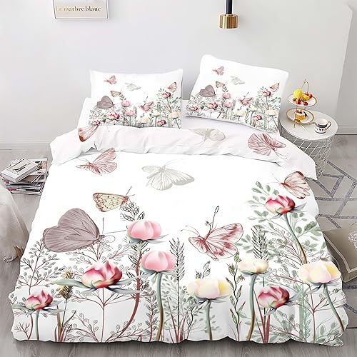 Linfye Housse de Couette 220x240 cm Blanche Fleur Parure de Lit Adulte avec Fermeture Éclair, Papillon Linge de Lit Parure Housse Couette 2 Personnes en Microfibre + 2 Taie d'oreiller 65x65 cm