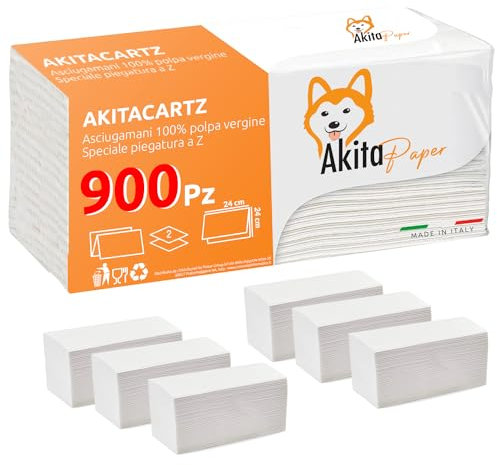AkitaINK - Confezione da 900 Asciugamani Monouso Piegati a Z per Dispenser - 6 Pacchetti da 150 Asciugamani Carta, Realizzati al 100% in Cellulosa - Made in Italy