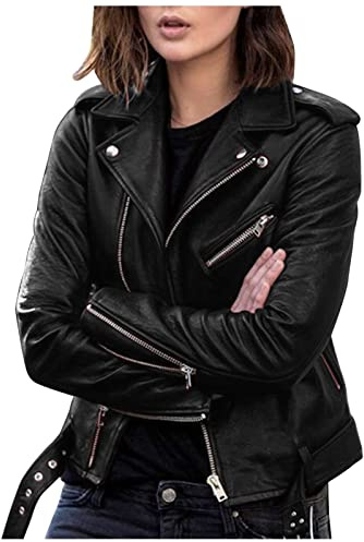 Übergangsjacke Lederjacke Damen Motorrad Lederimitat Mantel Kunstleder Bikerjacke Frühling Autumn Frauen Kunstlederjacke Langarm Reißverschluss Kunstleder Mantel Autumn Kurze Jacke dünner Mantel