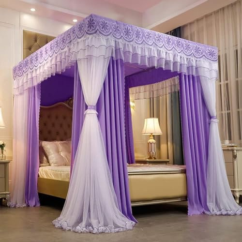 YEKIM Lichtdichter 4-Eckpfosten-Bettvorhang mit Stahlrahmen, Schlafzimmerdekoration für Erwachsene, Mädchen und Jungen, Betthimmel für Queen-Size-Betten，Geeignet für Einzelbett und Doppelbett