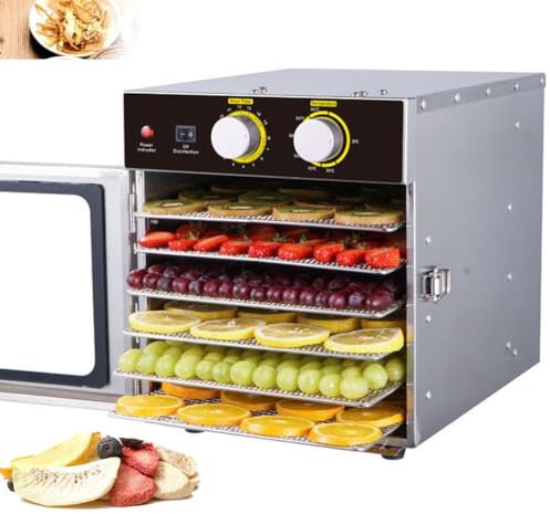 6 Tablett Dehydrator Machine Dörrgerät Dörrautomat Rostfreier Stahl Obst-Trockenmaschine Mit Timer Und Temperaturregelung Lebensmitteltrockner Für Dörrfleisch, Fleisch, Obst, Gemüse, Kräuter 600W