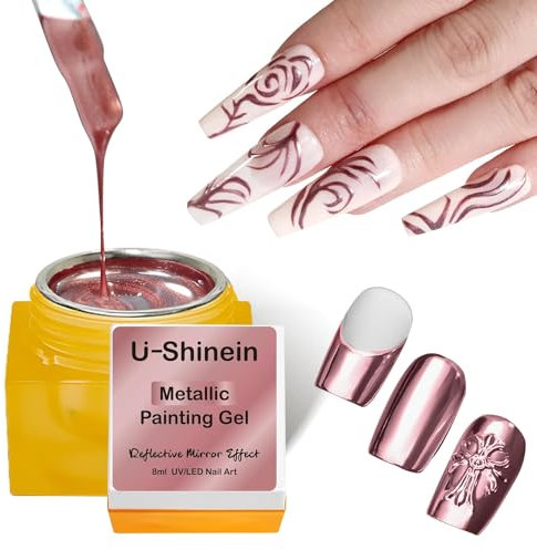 U-Shinein 8 ml Gel Metallico per Dipingere, Smalto per Unghie 3D Specchio, Vernice Liner DIY Nail Glossy, Bisogno indurire, Rosa Gold