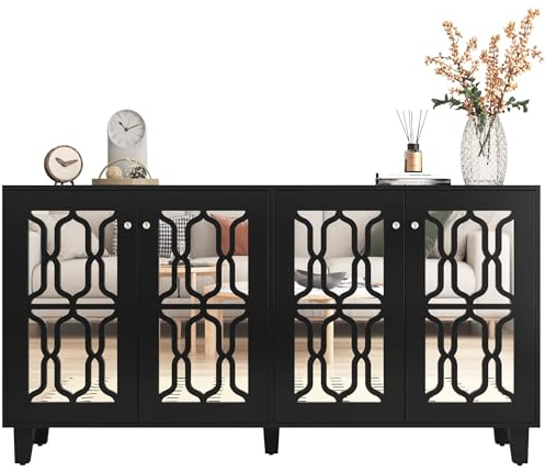 HYUB Sideboard, Kommode mit 4 Türen und Arbeitsplatte, Anrichte, Mehrzweckschrank mit Kristallgriffen und Demonstrationsfunktion, für Schlafzimmer Wohnzimmer Esszimmer, Flurschrank