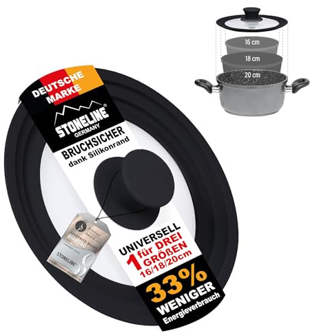 STONELINE 3 in 1 Universaldeckel für Töpfe und Pfannen mit 16/18/20 cm Universal Glasdeckel mit abgestuftem Silikonrand Platinsilikon, hitzebeständig platzsparend, 3 Größen, Schwarz