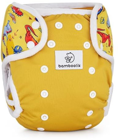 Bamboolik. Windelh”schen, wasserdicht, waschbar, Einheitsgr”áe, Duo, Verschluss mit Kn”pfen, doppelte seitliche Barriere, zwei Gummib„nder der Taille. (Senf + Dinosaurier)