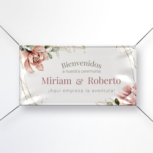 Pancarta personalizada - Cartel Bienvenida Boda | Print Stamp Love, Lona personalizada PVC Resistente, Decoración de bodas oro o plata, Incluye ojales para colocación,MODELO 4