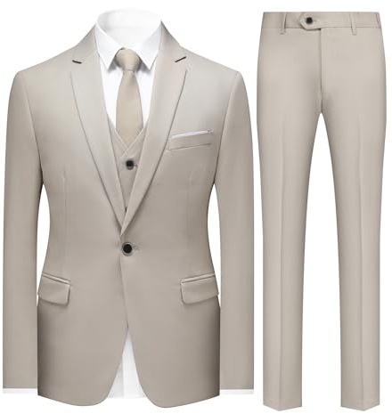 Sliktaa Traje formal de 3 piezas para hombre, con un botón, solapa con muescas, traje de negocios y boda, blazer, pantalones y chaleco, beige, S