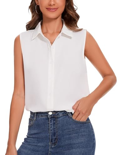 SPRING SEAON Camisas sin mangas con botones para mujer, cuello clásico, blusa básica, camisetas de tirantes, trabajo, oficina, formal, gasa, blusas informales, Blanco, M