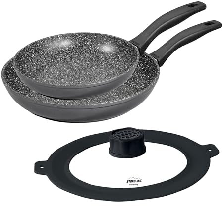 STONELINE juego de sartenes de aluminio fundido 3 piezas, 24/28 cm, sartén antiadherente con tapa, recubierta con partículas de auténtica piedra, para todo tipo de placas, freír sin grasa