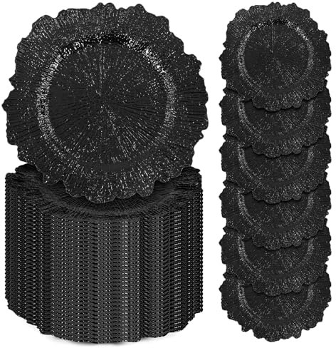 50 Pcs Black Charger Plates Bulk, 13 Reef Plate Chargers for Dinner Plates, Plastic Floral Decorative Plates for Table Setting, Round Table Chargers for Wedding, Christmas, Party, Event, Decoration