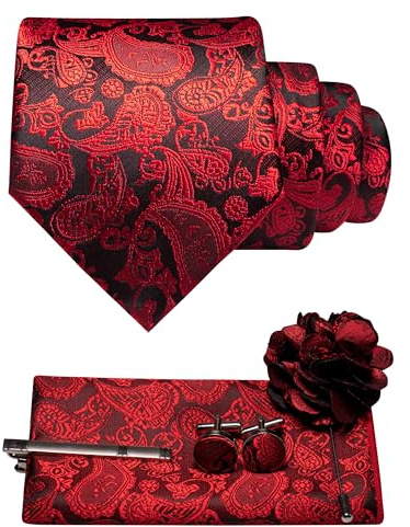 JEMYGINS Paisley-slips för män med näsduk slipsklämma blombrosch och manschettknappar set, röd, M