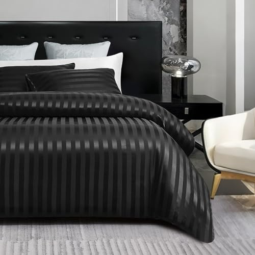 Gezu - Funda de edredón de 220 x 240 cm, satén negro brillante, satén a rayas, juego de cama de 220 x 240 cm, suave seda, ropa de cama para 2 personas, adulto, con cremallera y 2 fundas de almohada de