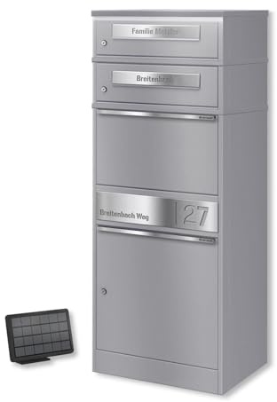 Metzler cassetta postale pacchi doppia cassetta lettere incisione personalizzata acciaio inox grigio alluminio RAL 9007 illuminazione LED solare resistente intemperie impermeabile montaggio parete pav