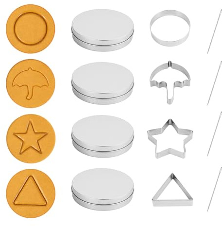 AUAUY 12PCS Korean Sugar Candy Making Tool, Stainless Steel Cookie Cutters | Biscuit Molds Sugar Game Kit, Round Umbrella Star Triangle Baking Cake Mold with Case Needle, for Party Sugar Game Cookie