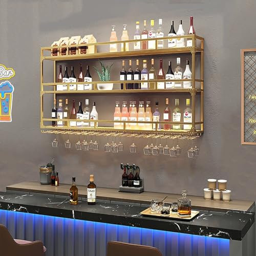 Estante Para Vino De Pared,Botellero De Pared Con Soporte For Copas,Soporte De Vino De Pared De Hierro,Organizador De Botellas De Vino De Pared,Estantería Para Vino,Soporte Para Cocina Comedor Bar(Gol