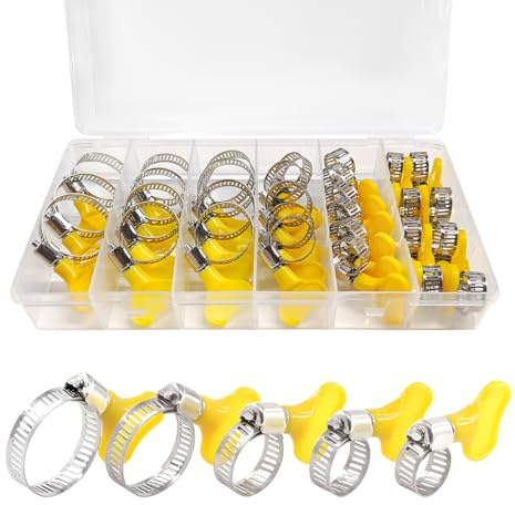 NYTKL 30PCS Stainless Steel Hose Clamps Assortment, 8-29mm Thumb Screw Hose Clamp with Plastic Handle, Adjustable Key-Type Pipe Clamp Set for Automotive Plumbing Securing Hoses