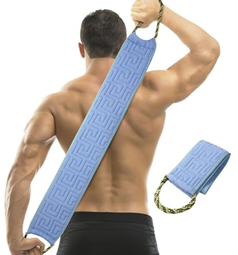 86 cm (30 tum) exfolierande ryggborste med handtag, dubbelsidig exfolierande badverktyg, exfolierande tvättlapp för att gnugga din kropp djupt för män och kvinnor (blå