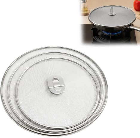 3 Pcs Stainless Steel Splatter Screen for Frying Pan Splatter Guard for Frying Accessories, Mesh Cooking Splash-Proof Scald Oil Proof Strainer Drain Board with Fold Knobs(9.8 in, 11.4 in, 13 in)
