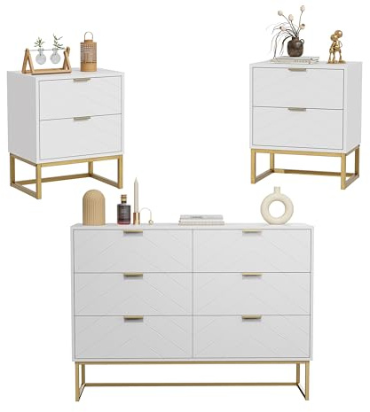 UEV Lot de 3 Meubles de Chambre, Commode à 6 Tiroirs 100cm, Lot de 2 Table à Chevet, Motif de Lignes, Style Scandinave Elégant, Manches et Pieds en Couleur Doré, pour Salon, Chambre (Blanc)
