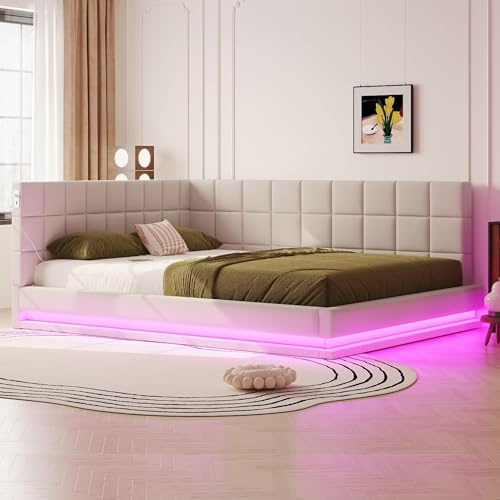 Lahoomu Polsterbett Schlafsofa 160 * 200 Multifunktionsbettmit LED Lichtleiste, USB Steckdose und Lattenrost, Hautsympathischer Samtstoff Beige