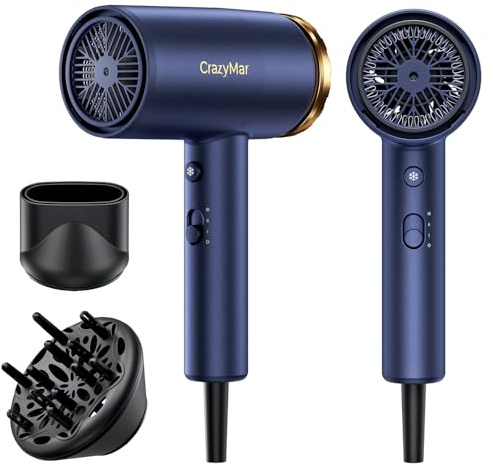 CrazyMar Seche Cheveux Professionale,350M Ions Négatifs,5X Sèche-Rapide et Puissant,Léger et Compact avec Diffuseur,3 Vitesses/Températures - Pour Maison,Salon, Voyageurs et Coiffeurs (Bleu)