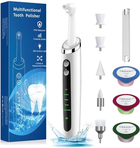 Tooth Polisher Electric Teeth Stain Plaque Remover, Teeth Polisher kit Teeth Cleaning whitening kit for Plaque Stain Removal Yellow Teeth Plaque Remover for Teeth with 5 Brush Heads&3 Polish Paste