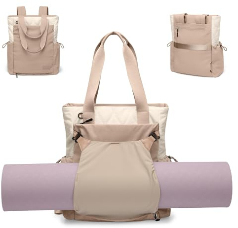 GOLF SUPAGS Konvertibel ryggsäck för kvinnor, laptopväska, yogapåse, gymryggsäck för pilates, för resor, träning, yoga, arbete och shopping, Brun & Beige Grus, 15.6 Pollici