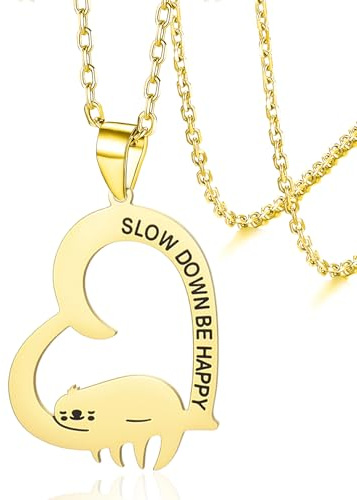 VASSAGO Collier avec pendentif en forme de paresseux en acier inoxydable pour femme avec pendentif en forme de cœur Slow Down Be Happy (Or)