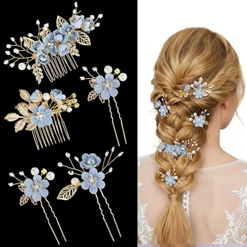 Molain Braut-Haarkamm-Set, Hochzeitshaarschmuck mit blauen Blumen, Strass und Perlen, Haarspangen für Braut und Brautjungfern, 5 Stück