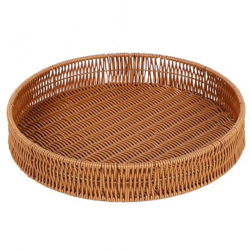 35cm Round Rattan Style Serving Tray, Handwoven Wicker Effect Tray, Decorative Round Tray for Home Decor, Coffee Table Display, Bread & Fruit Basket, Kitchen Storage Organiser