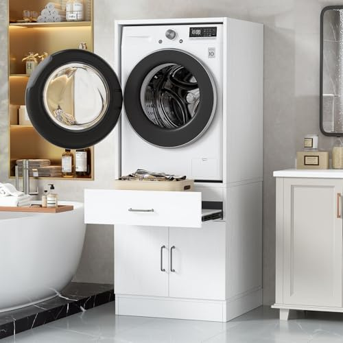 Armario para Lavadora o Secadora con Estante Extraíble 162 x 68 x 66CM Mueble para Lavadora o Secadora con Espacio de Almacenamiento Pedestal Lavadora 15mm MDF Hasta 100KG Estabilidad estructural