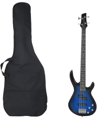 E-Bass 4/4 Größe 46 Zoll für Anfänger, Blau-Schwarz Farbverlauf, Komplettes Set mit Tasche, Stimmgerät, Plektren und Gurt, Einsteiger E-Bassgitarre